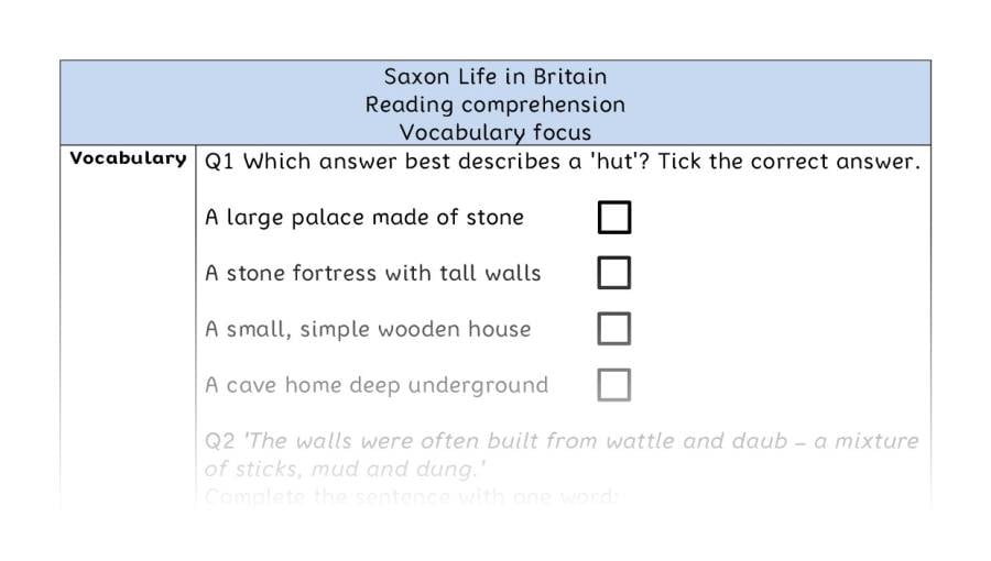 Reading comprehension - vocabulary - Saxon Life in Britain