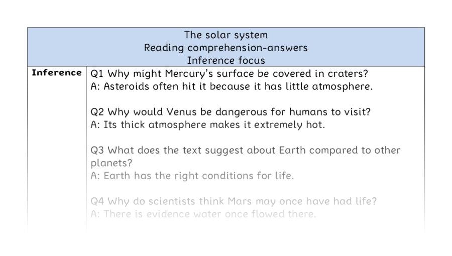 Reading comprehension - inference - The solar system - answers