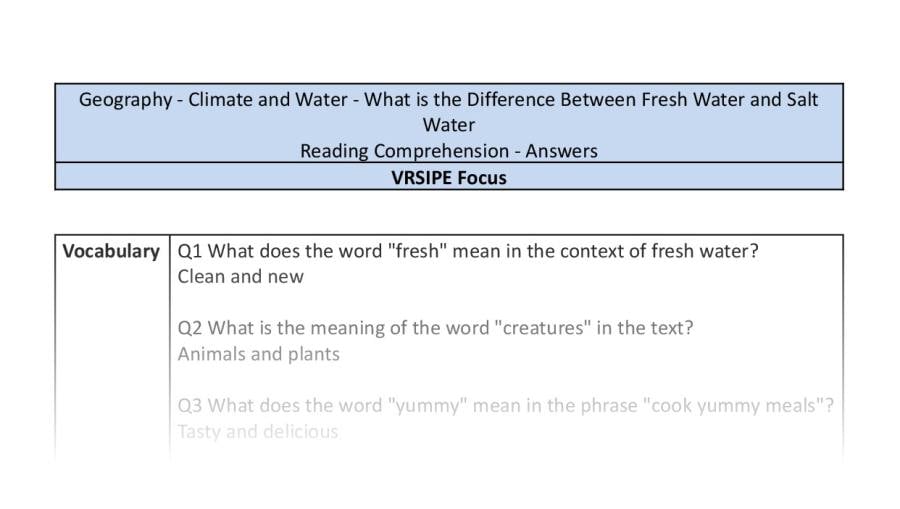 Reading comp - difference fresh and salt water - VRSIPE focus-answers