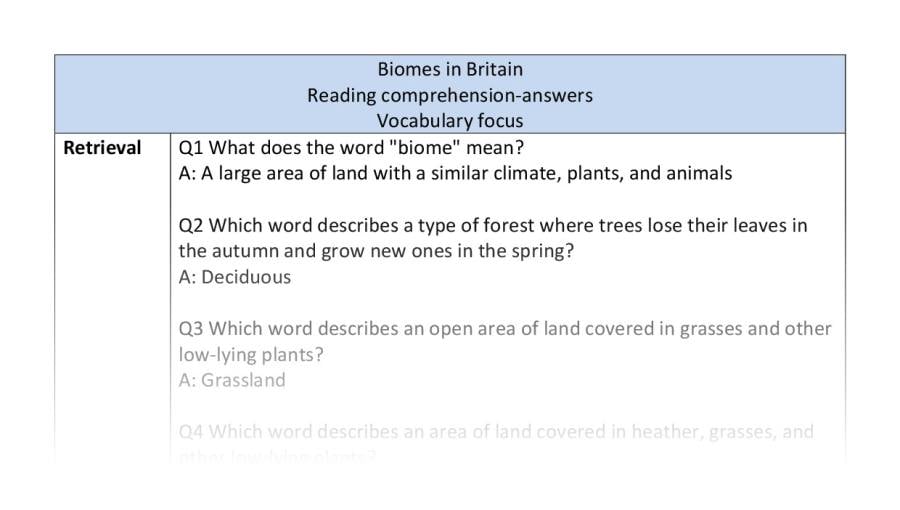 Reading comprehension - vocabulary - biomes in Britain