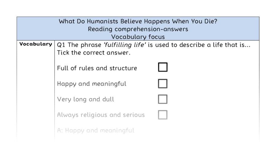 Reading comp - vocab - What Do Humanists Believe Happens When You Die - answers