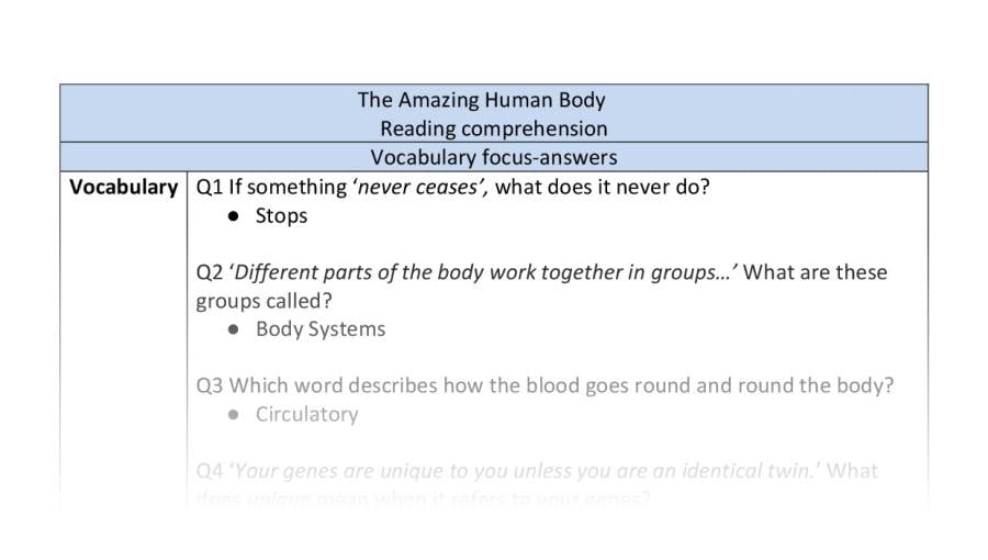 Reading comprehension-vocabulary-the amazing human body