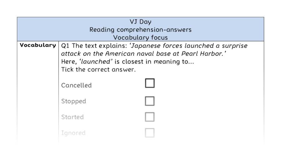 Reading comprehension - vocabulary - VJ Day - answers