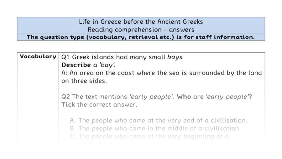 Reading comprehension - VRSIPE - Life in Greece before the Ancient Greeks - answers