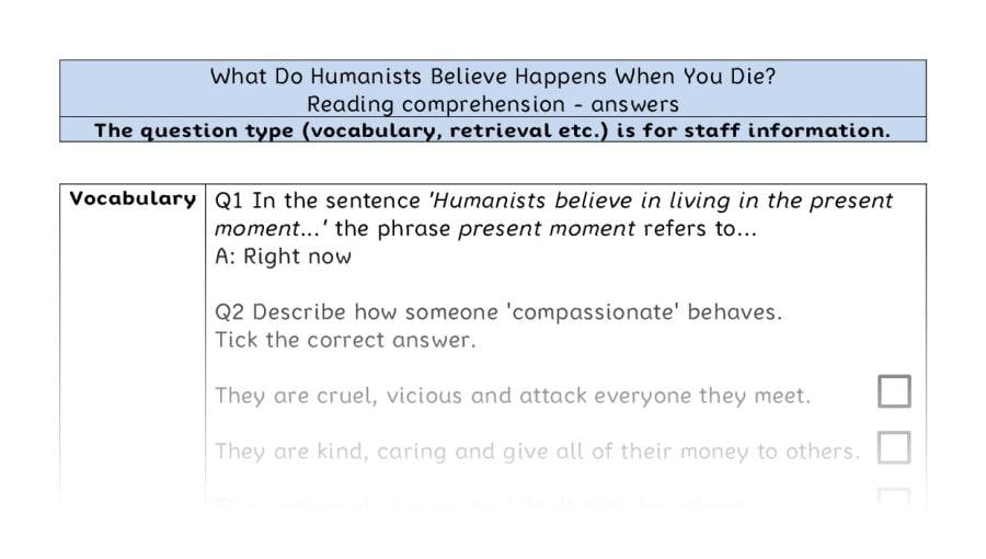 Reading comp - VRSIPE - What Do Humanists Believe Happens When You Die - answers
