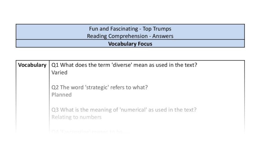 Reading comprehension - Top Trumps - vocabulary focus-answers