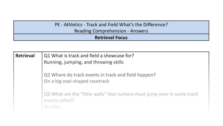 Reading Comprehension - Track and Field Whats the Difference - Retrieval Focus