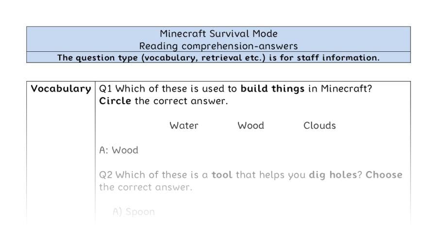 Reading comprehension -Minecraft Survival Mode-VRSIPE - answers
