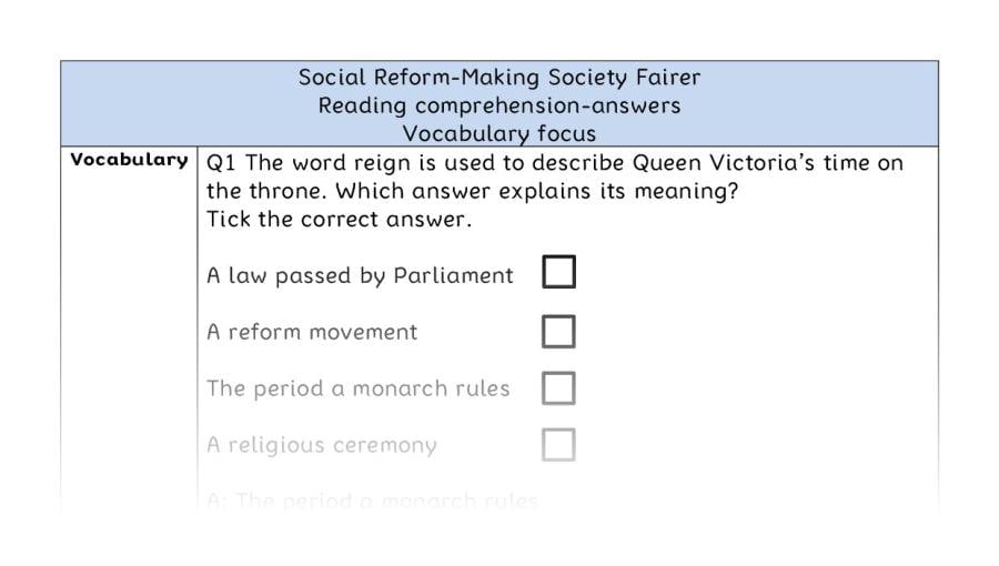 Reading comprehension - vocabulary - Social Reform-Making Society Fairer - answers