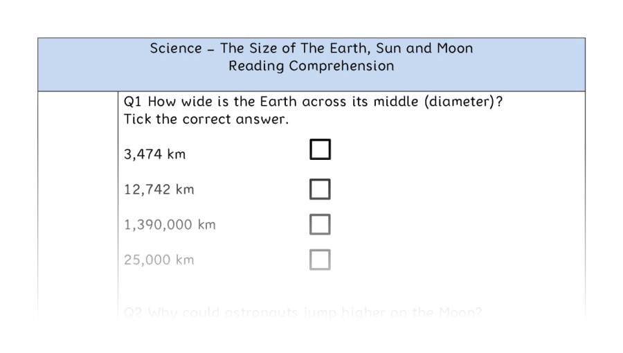 The Size of The Earth, Sun and Moon - Reading Comprehension - Retrieval Focus
