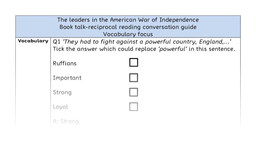 Reciprocal reading- vocab - The leaders in the American War of Independence