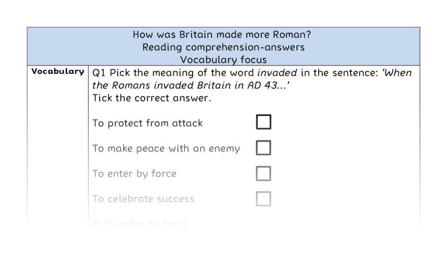 Reading comprehension - vocab - How was Britain made more Roman - answers