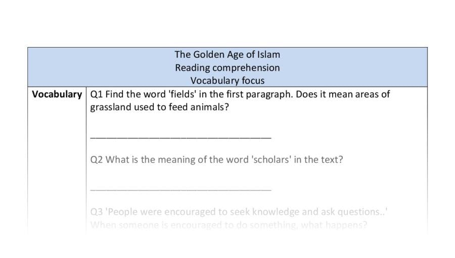 Reading comprehension - vocabulary - The Golden Age of Islam