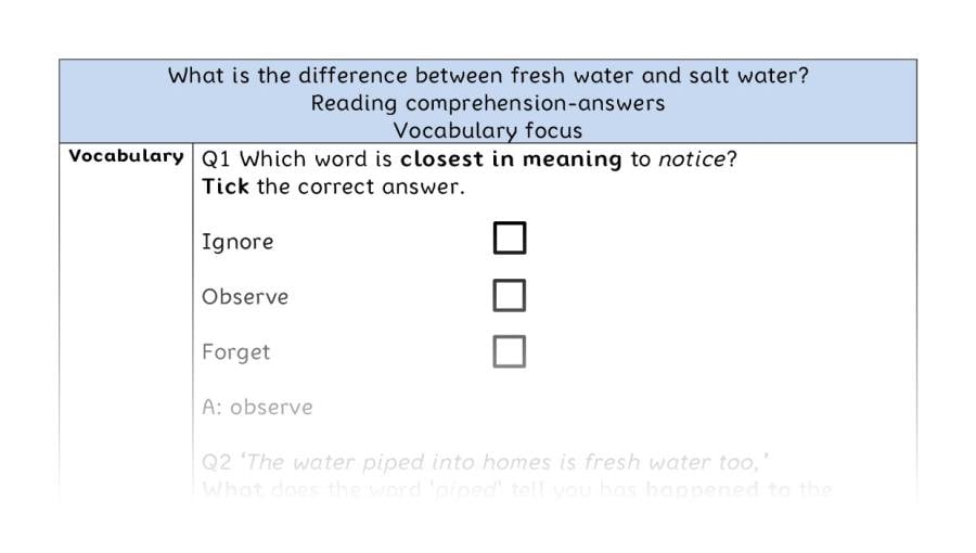 Reading comp - vocabulary - difference fresh and salt water - answers