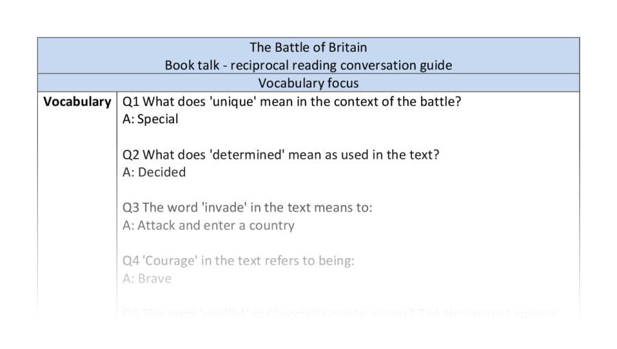 Reciprocal reading - The Battle of Britain - vocabulary