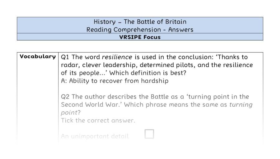 The Battle of Britain - Reading Comprehension Answers - VRSIPE Focus
