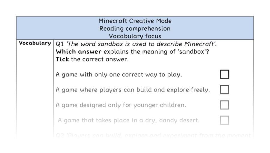 Reading comprehension - vocabulary - Minecraft Creative Mode