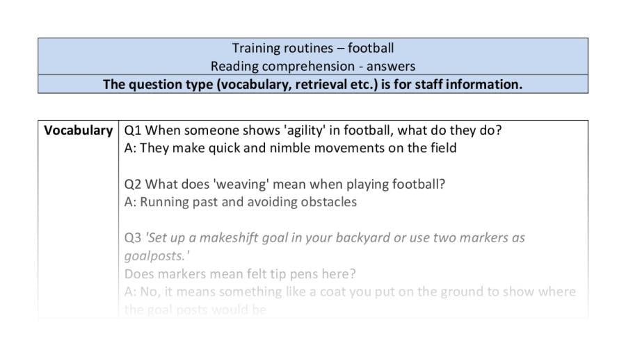 Reading comprehension - VRSIPE - Training routines - football