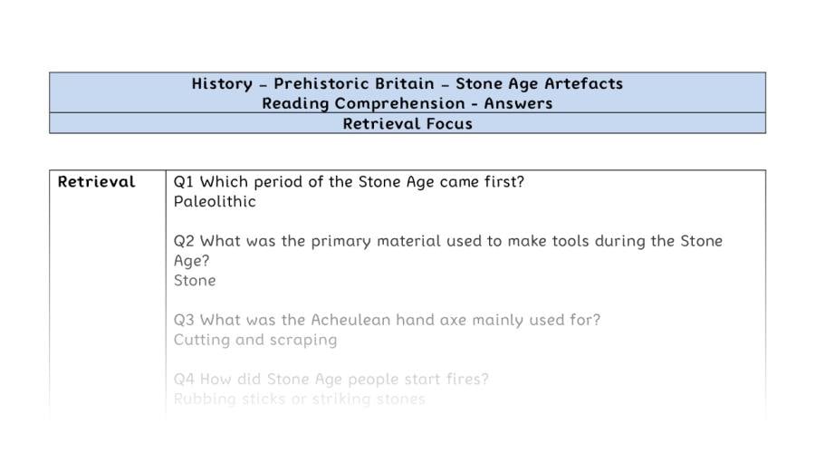 Reading Comprehension - Stone Age Artefacts - Retrieval Focus