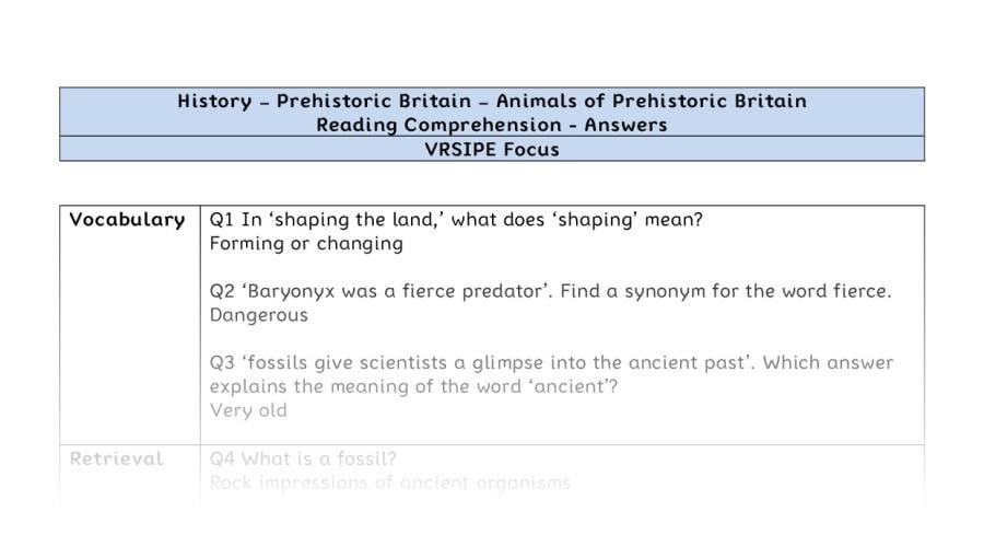 Reading Comprehension - Animals of Prehistoric Britain - VRSIPE Focus
