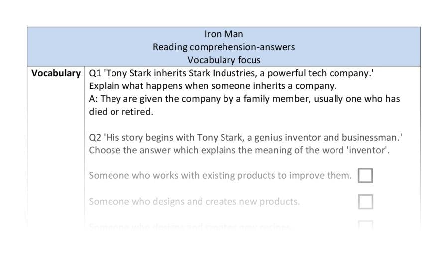 Reading comprehension - vocabulary - Iron Man-answers