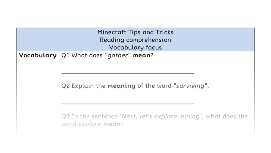 Reading comprehension-Minecraft Tips and Tricks-vocabulary