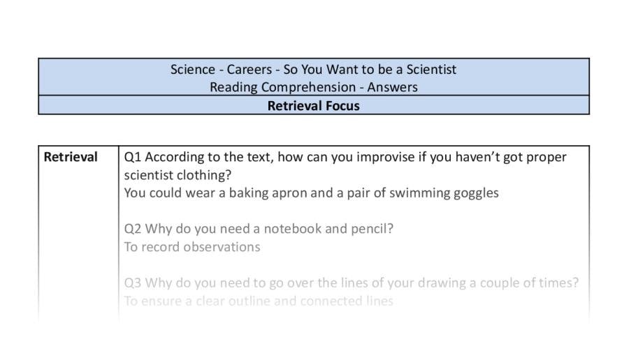 Reading Comprehension - So You Want to be a Scientist - UKS2 - Retrieval Focus
