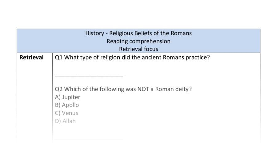Reading comprehension - retrieval - Roman religious beliefs