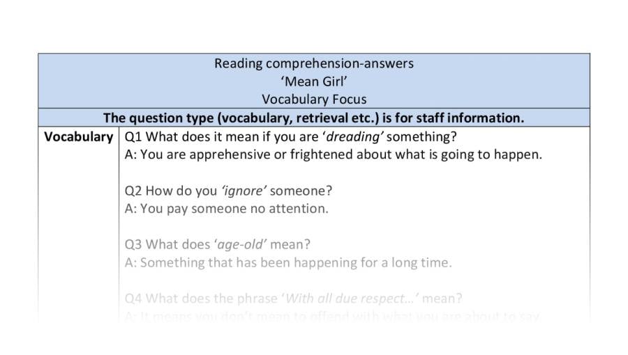 Reading comprehension-Mean Girl-vocabulary-answers