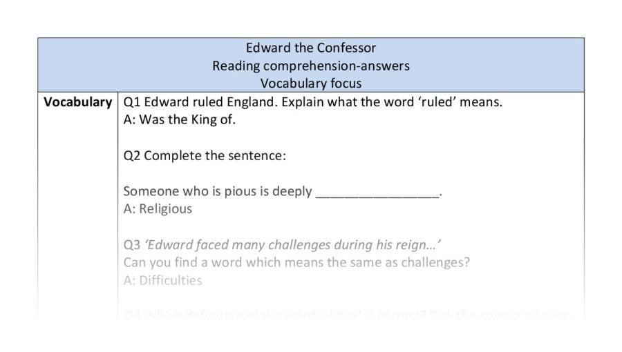 Reading comprehension - vocabulary - Edward the Confessor - answers