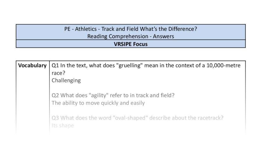 Reading Comprehension - Track and Field Whats the Difference - VRSIPE Focus