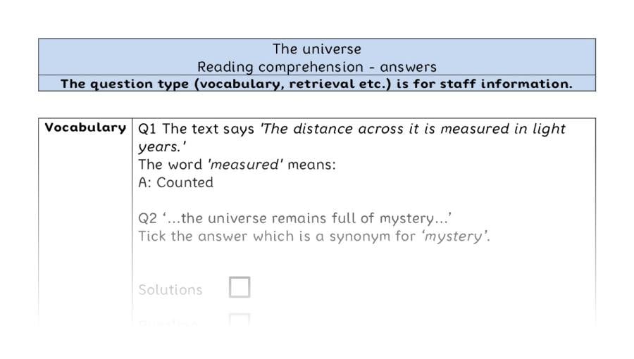 Reading comprehension - VRSIPE - The universe - answers