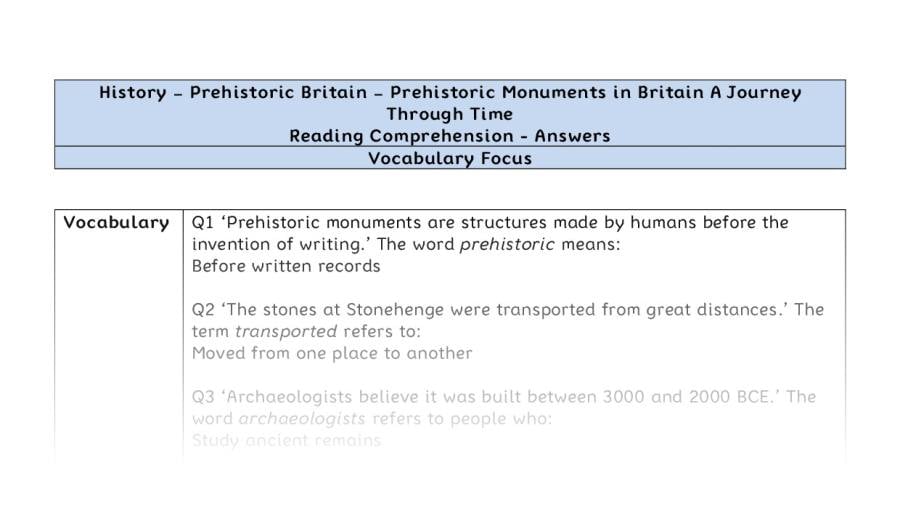 Reading Comprehension-Prehistoric Monuments in Britain-A Journey Through Time-vocabulary Focus-answers