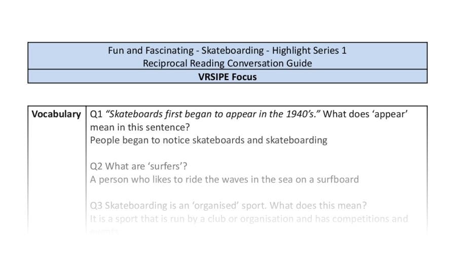 Reciprocal Reading Conversation - Skateboarding - Highlight Series 1 - VRSIPE Focus