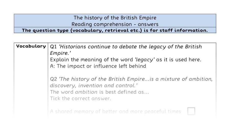 Reading comprehension - VRSIPE-The history of the British Empire - answers