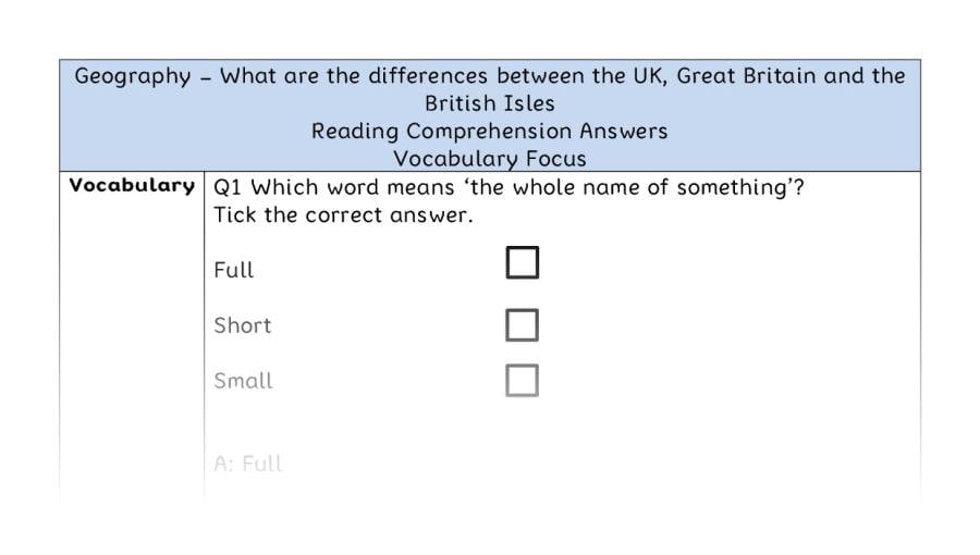 What are the differences between the UK, Great Britain and the British Isles - Reading Comprehension Answers - Vocabulary Focus