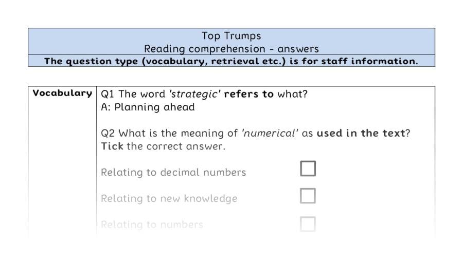 Reading comprehension - VRSIPE - Top Trumps - answers