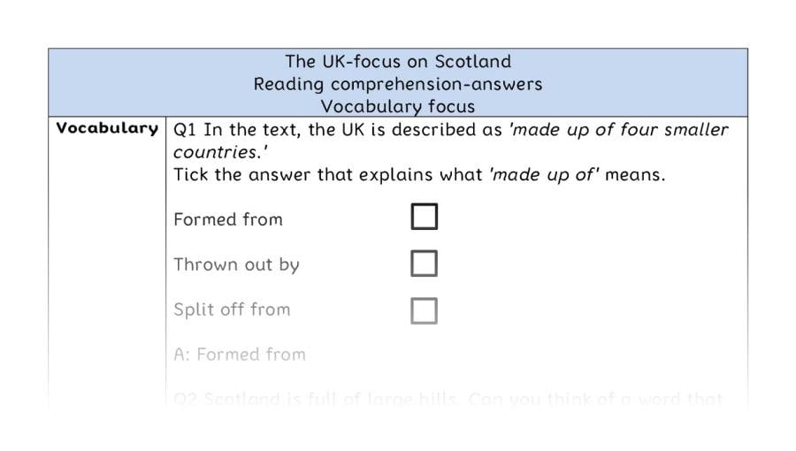 Reading comprehension - vocabulary - The UK-focus on Scotland - answers