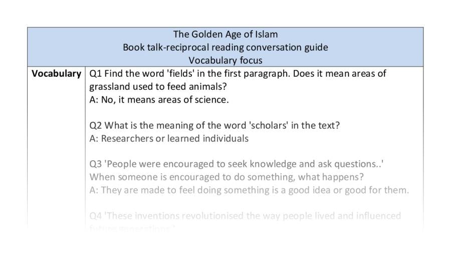Reciprocal reading - vocabulary - The Golden Age of Islam