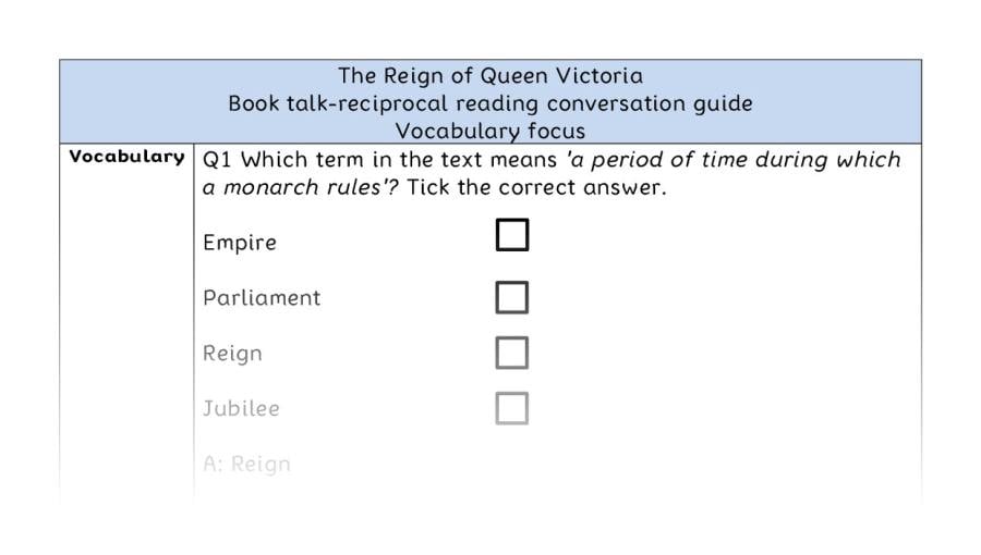 Reciprocal reading - vocabulary - The Reign of Queen Victoria