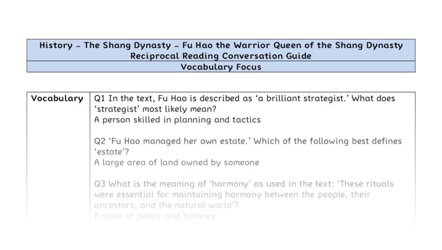 Reciprocal Reading Conversation - Fu Hao the Warrior Queen of the Shang Dynasty - Vocabulary Focus