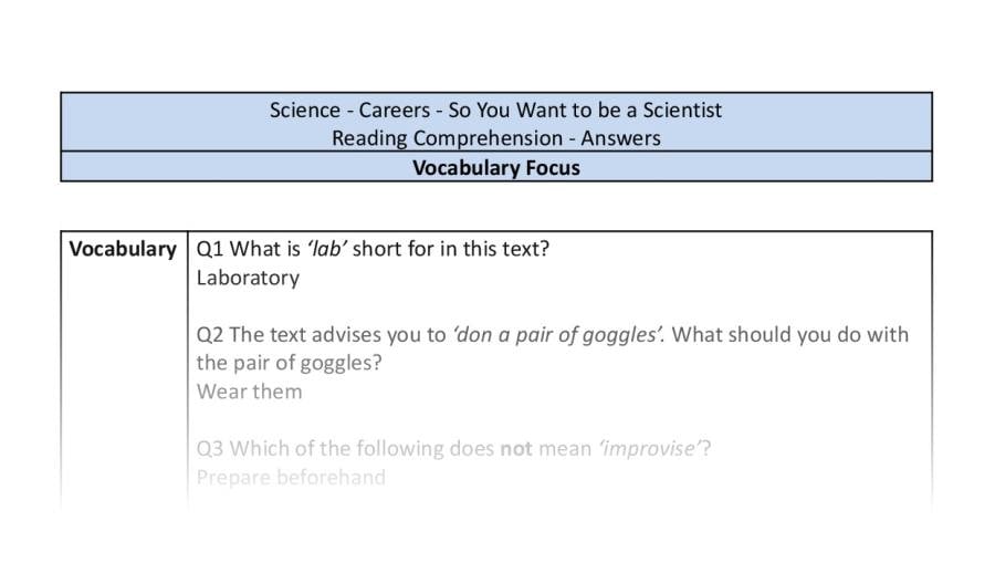 Reading Comprehension - So You Want to be a Scientist - UKS2 - Vocabulary Focus