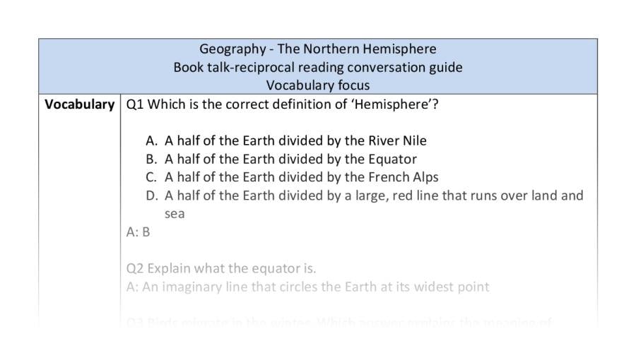 Reciprocal reading-vocabulary-The Northern hemisphere