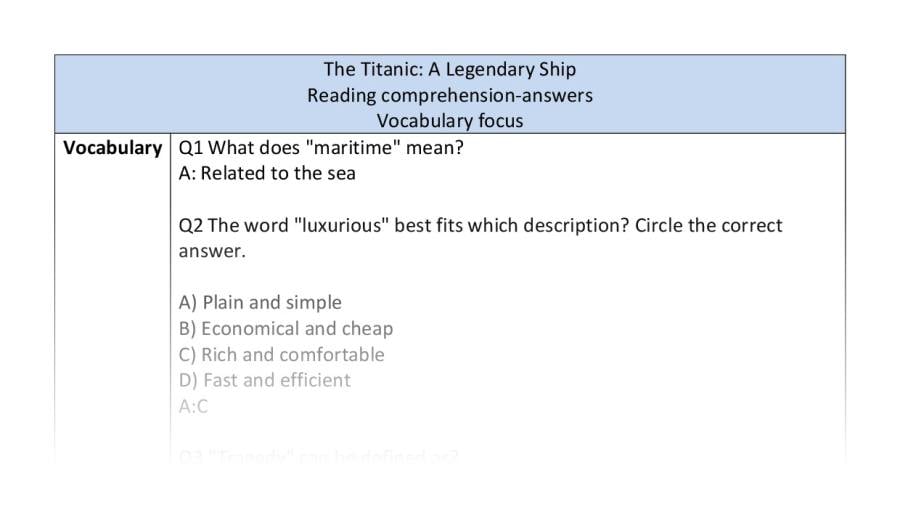 Reading comprehension-Titanic- vocabulary - answers