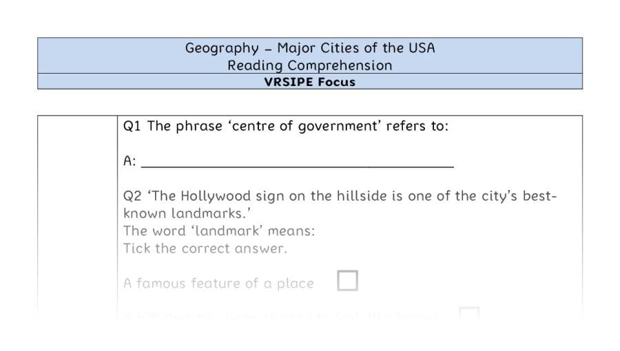 Major Cities of the USA - Reading Comprehension - VRSIPE Focus