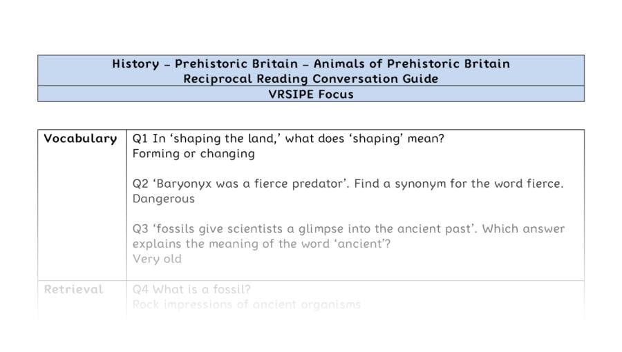 Reciprocal Reading Conversation - Animals of Prehistoric Britain - VRSIPE Focus