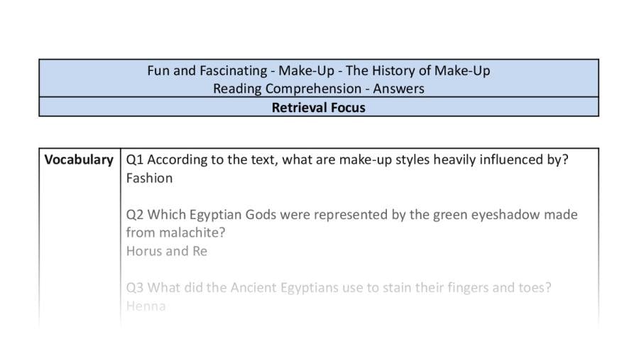 Reading comprehension-retrieval-the history of make up - answers
