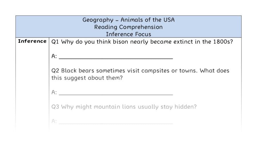 Animals of the USA - Reading Comprehension - Inference Focus