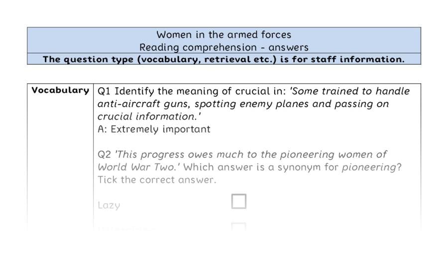 Reading comprehension - VRSIPE - Women in the armed forces - answers