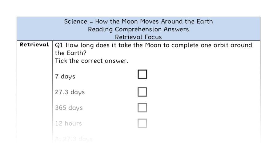 How the Moon Moves Around the Earth - Reading Comprehension Answers - Retrieval Focus